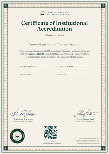 HCDE Institutional Accreditation certificate design with its QR code