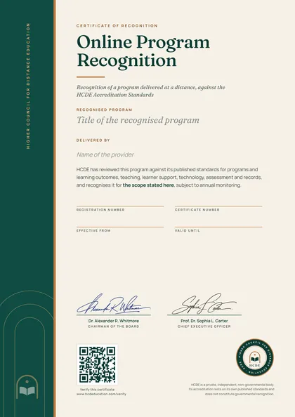 HCDE Online Program Recognition certificate design with its QR code