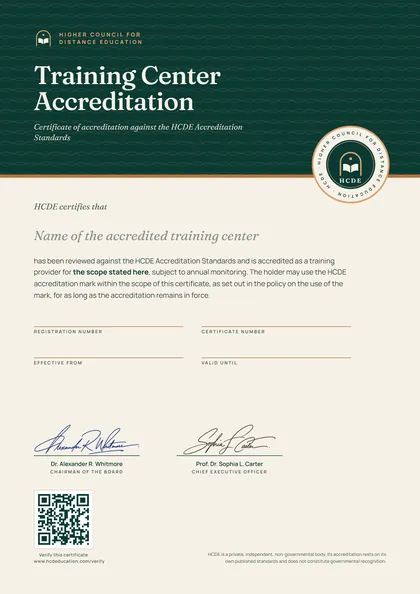 HCDE Training Center Accreditation certificate design with its QR code