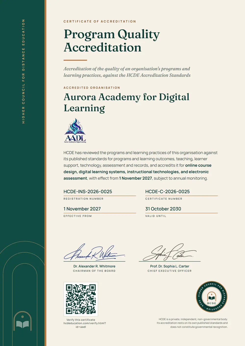 The HCDE certificate issued to Aurora Academy for Digital Learning, with its registration number, certificate number, dates and QR code
