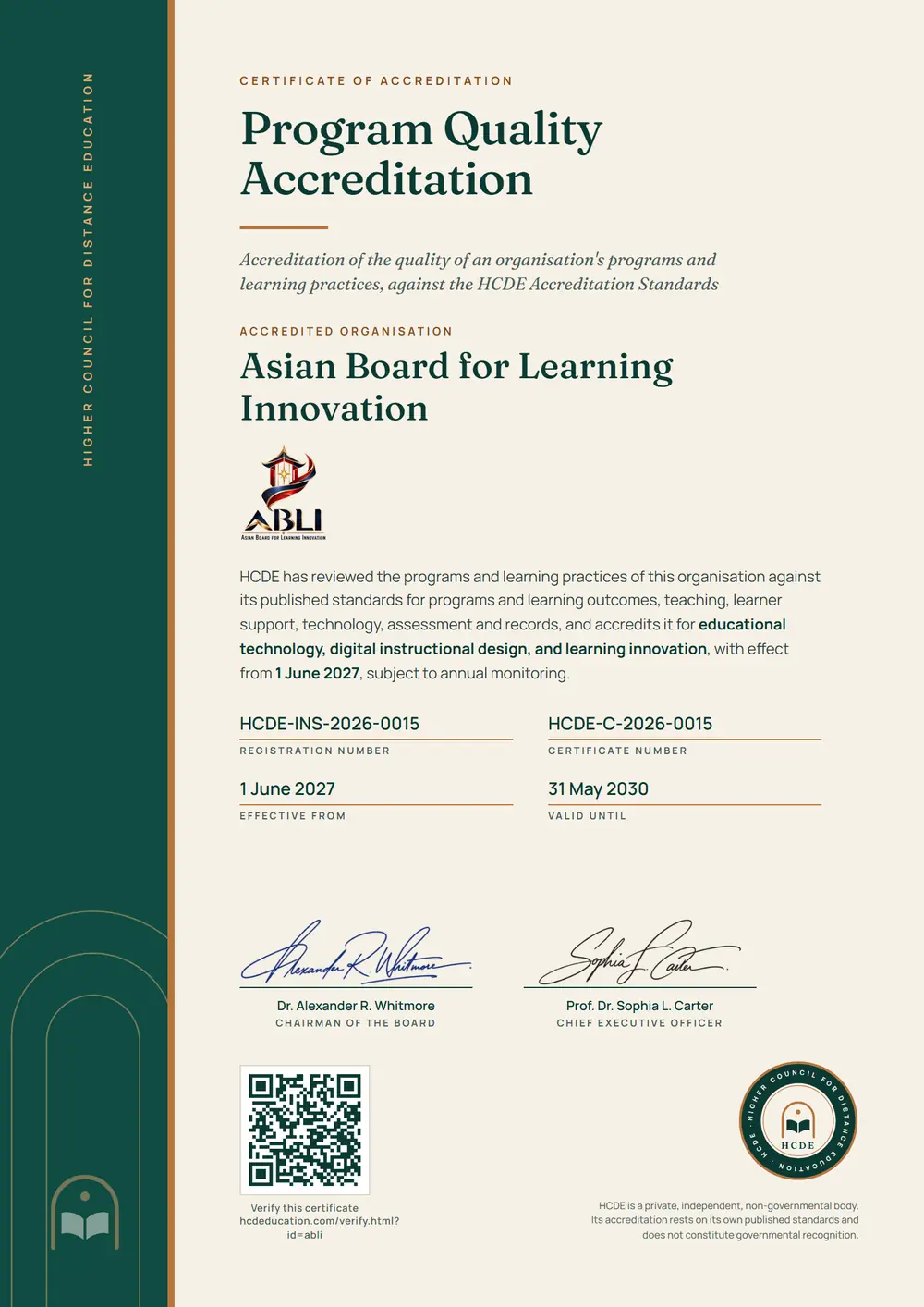 The HCDE certificate issued to Asian Board for Learning Innovation, with its registration number, certificate number, dates and QR code