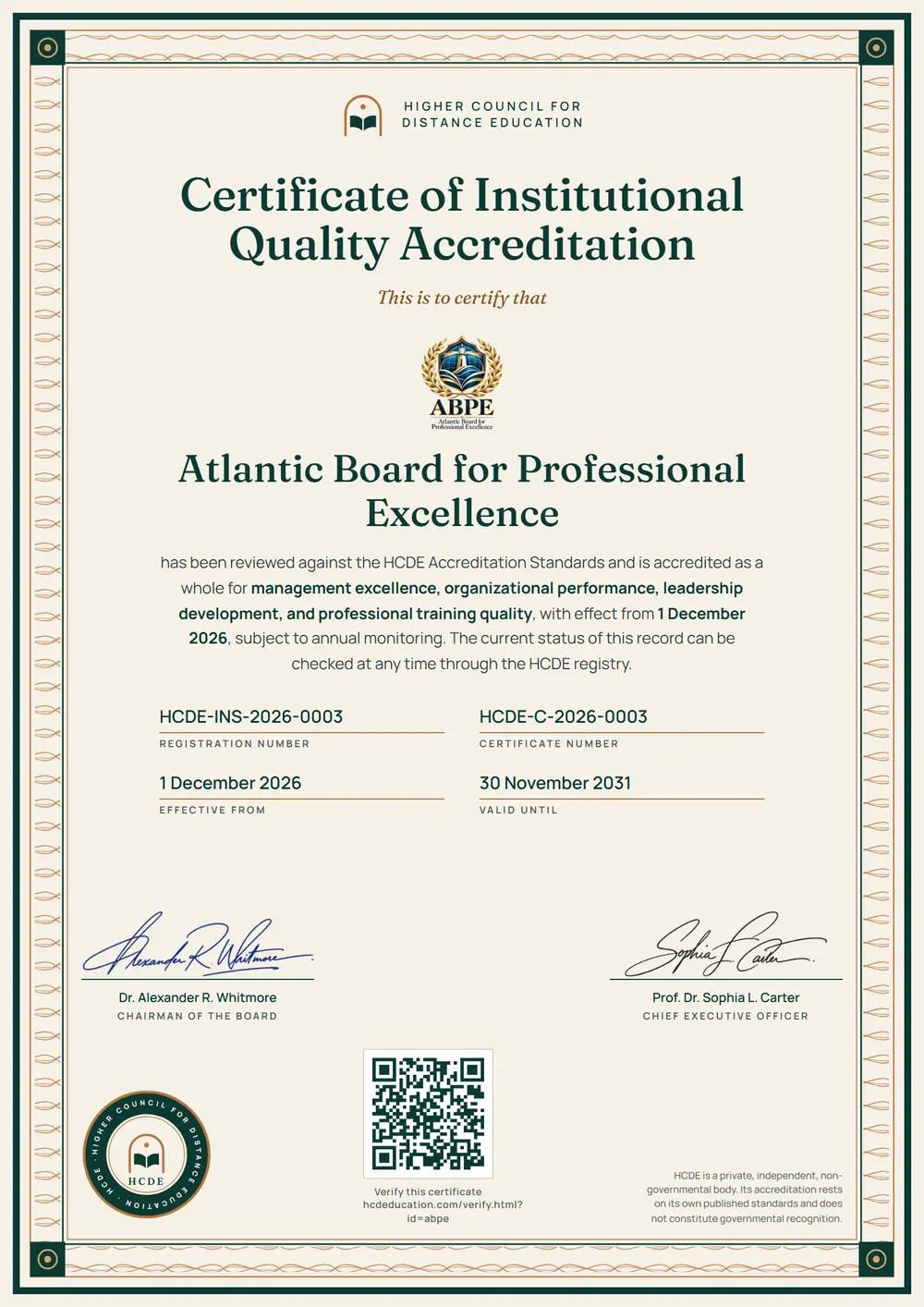 The HCDE certificate issued to Atlantic Board for Professional Excellence, with its registration number, certificate number, dates and QR code