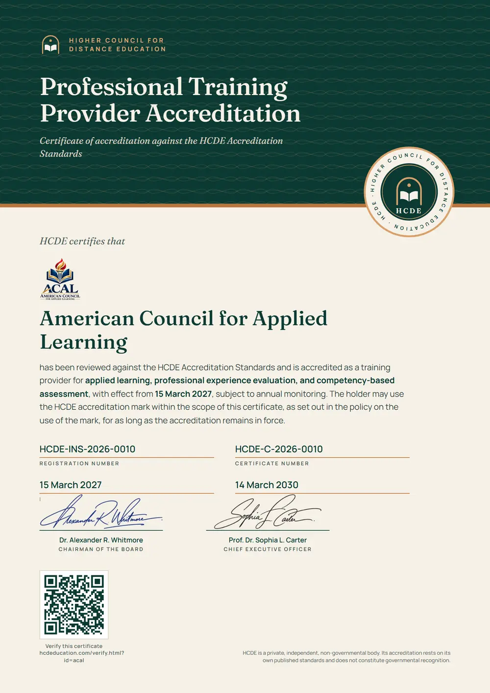 The HCDE certificate issued to American Council for Applied Learning, with its registration number, certificate number, dates and QR code