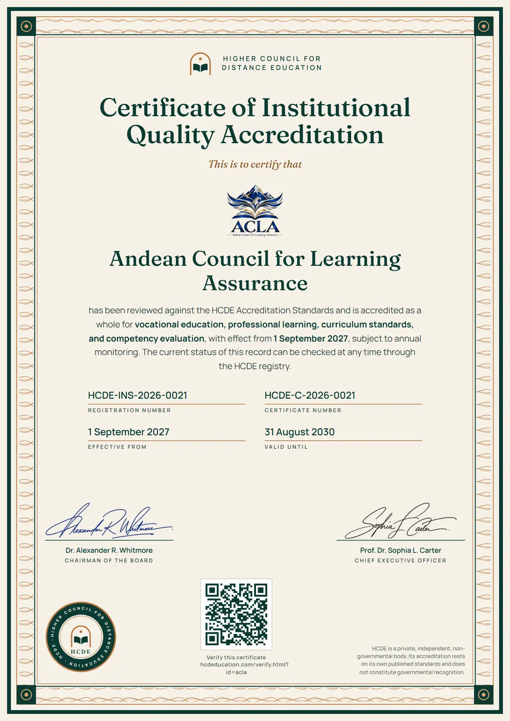The HCDE certificate issued to Andean Council for Learning Assurance, with its registration number, certificate number, dates and QR code