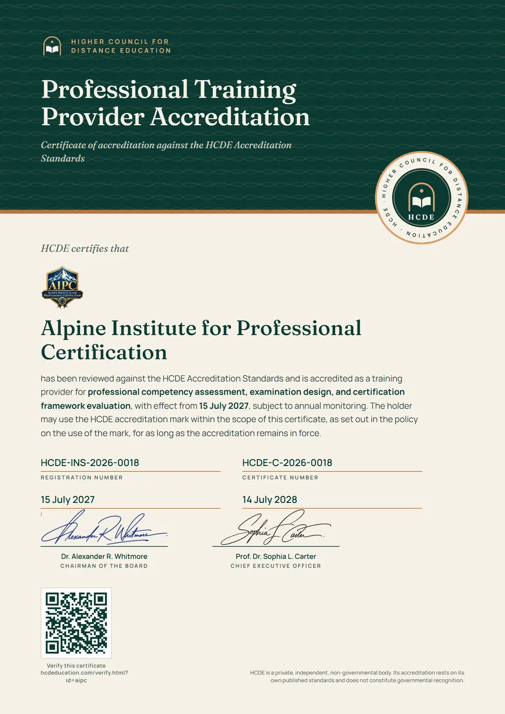The HCDE certificate issued to Alpine Institute for Professional Certification, with its registration number, certificate number, dates and QR code