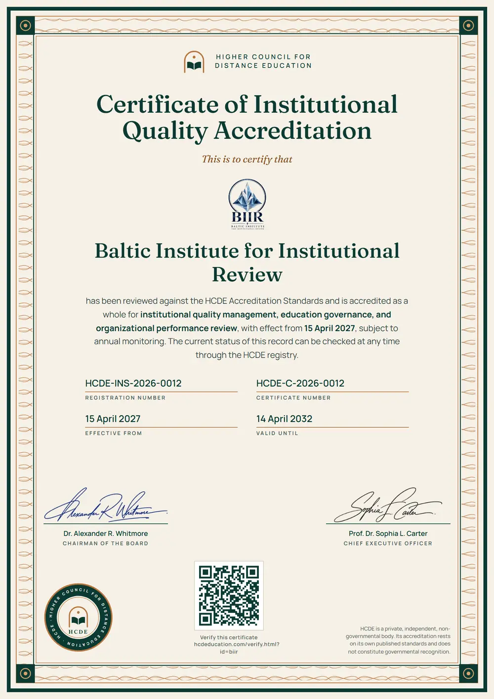 The HCDE certificate issued to Baltic Institute for Institutional Review, with its registration number, certificate number, dates and QR code