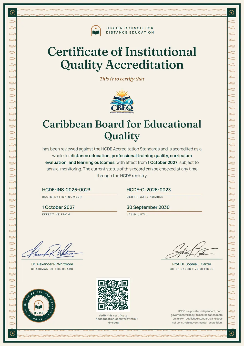 The HCDE certificate issued to Caribbean Board for Educational Quality, with its registration number, certificate number, dates and QR code