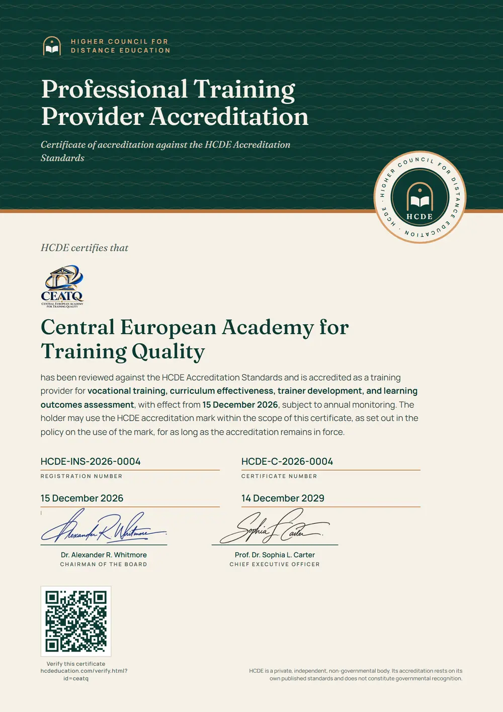 The HCDE certificate issued to Central European Academy for Training Quality, with its registration number, certificate number, dates and QR code
