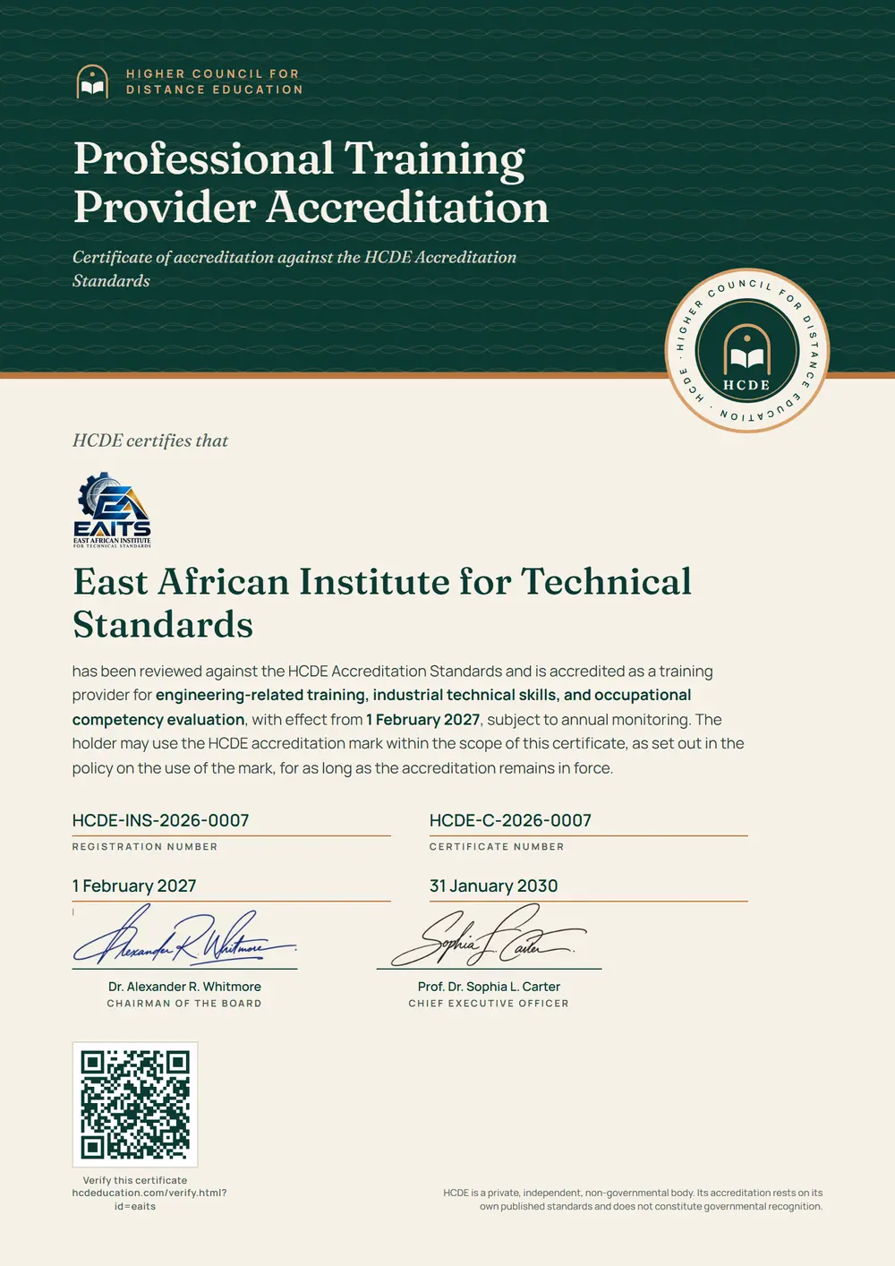 The HCDE certificate issued to East African Institute for Technical Standards, with its registration number, certificate number, dates and QR code