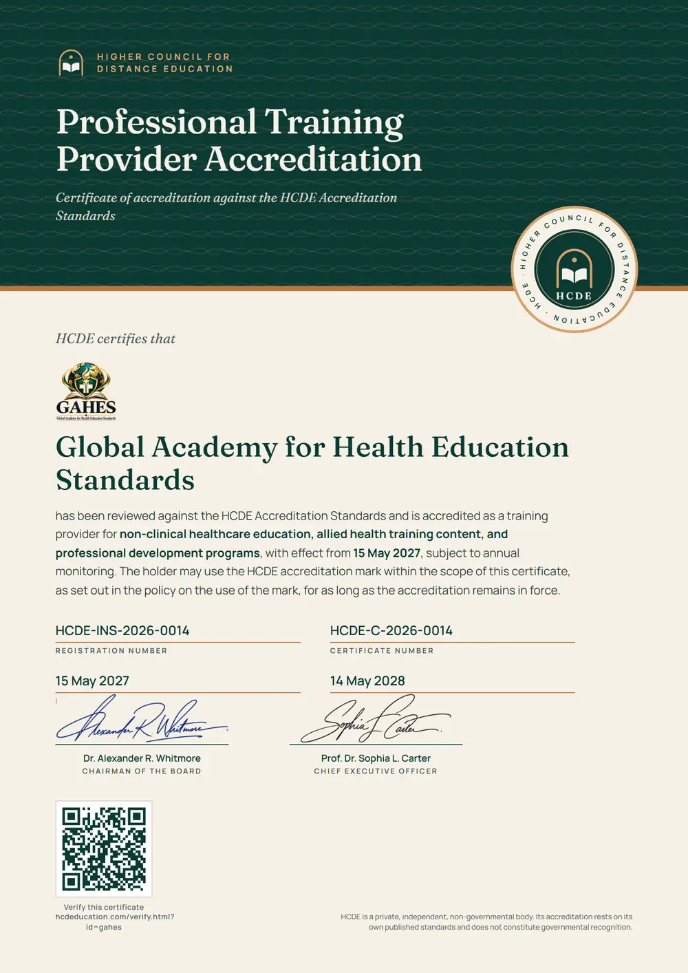 The HCDE certificate issued to Global Academy for Health Education Standards, with its registration number, certificate number, dates and QR code