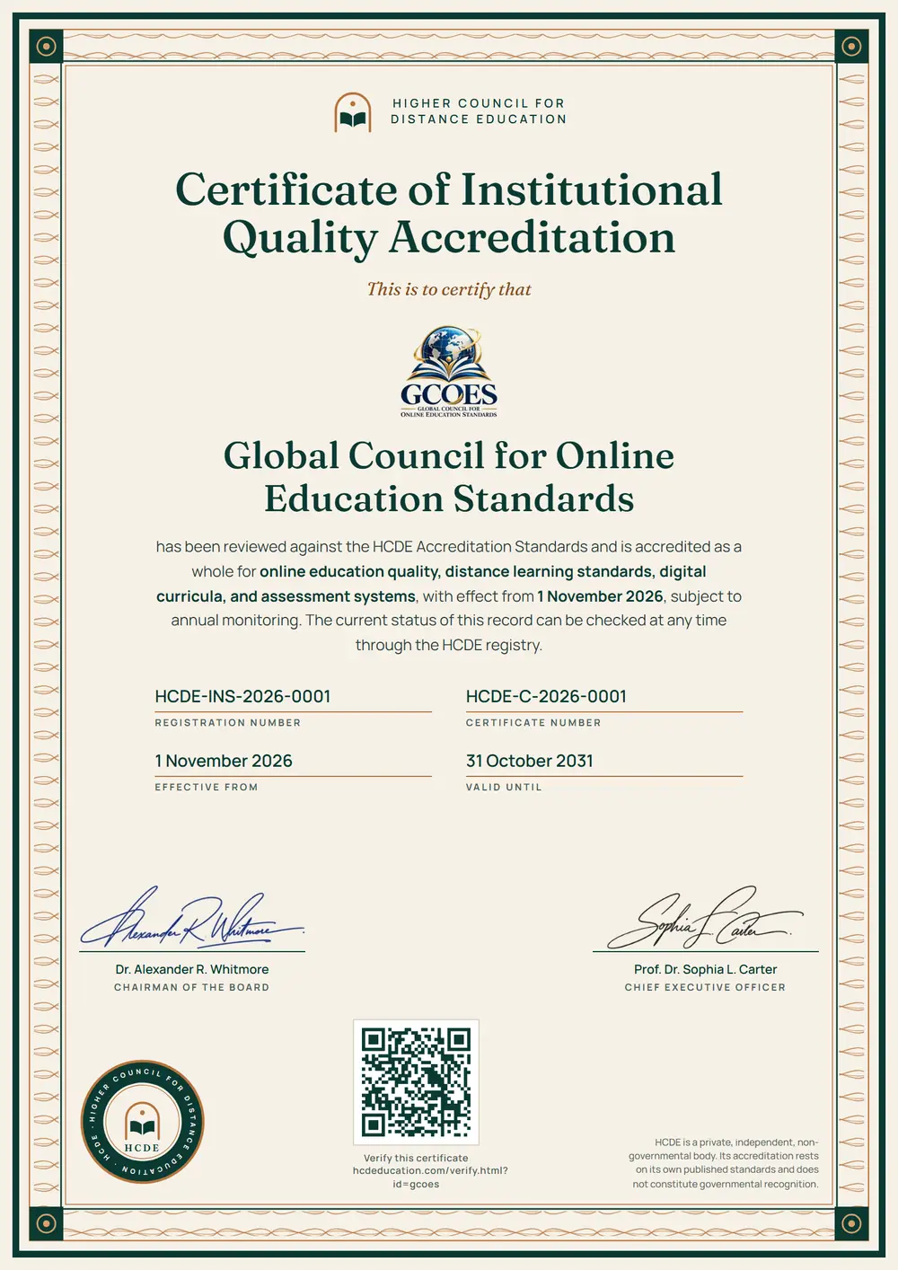 The HCDE certificate issued to Global Council for Online Education Standards, with its registration number, certificate number, dates and QR code