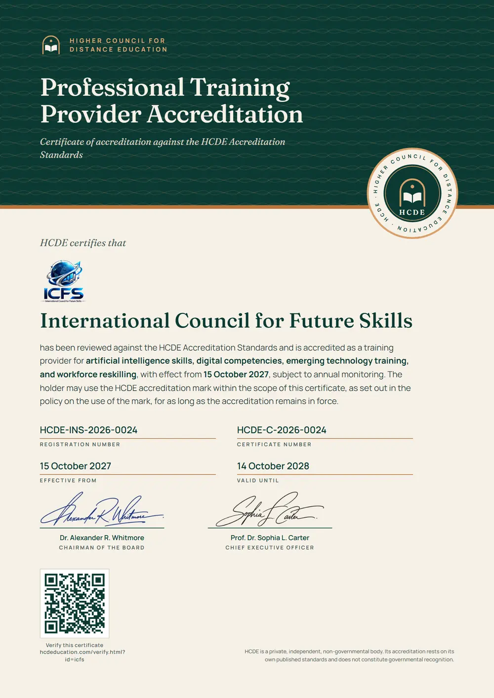 The HCDE certificate issued to International Council for Future Skills, with its registration number, certificate number, dates and QR code