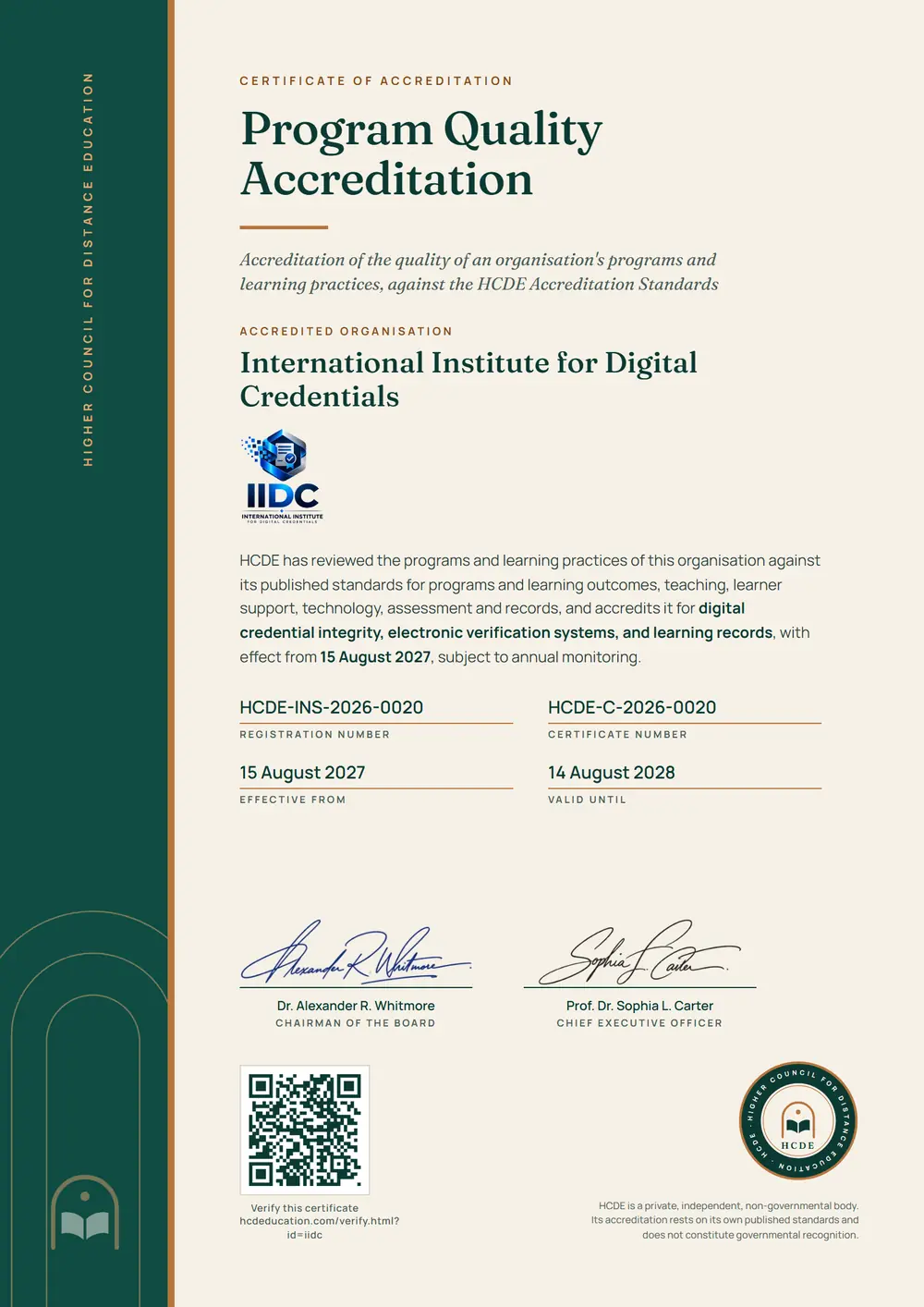 The HCDE certificate issued to International Institute for Digital Credentials, with its registration number, certificate number, dates and QR code