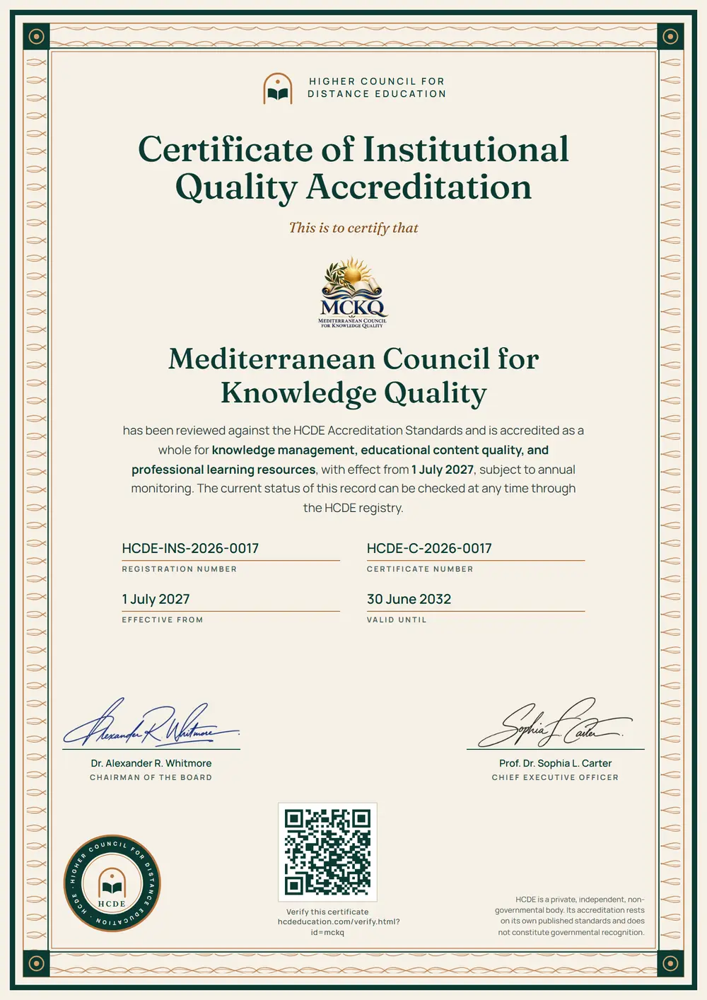 The HCDE certificate issued to Mediterranean Council for Knowledge Quality, with its registration number, certificate number, dates and QR code