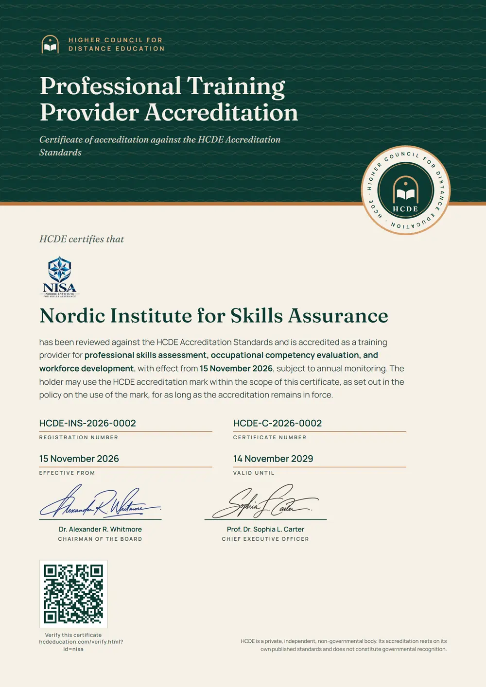 The HCDE certificate issued to Nordic Institute for Skills Assurance, with its registration number, certificate number, dates and QR code