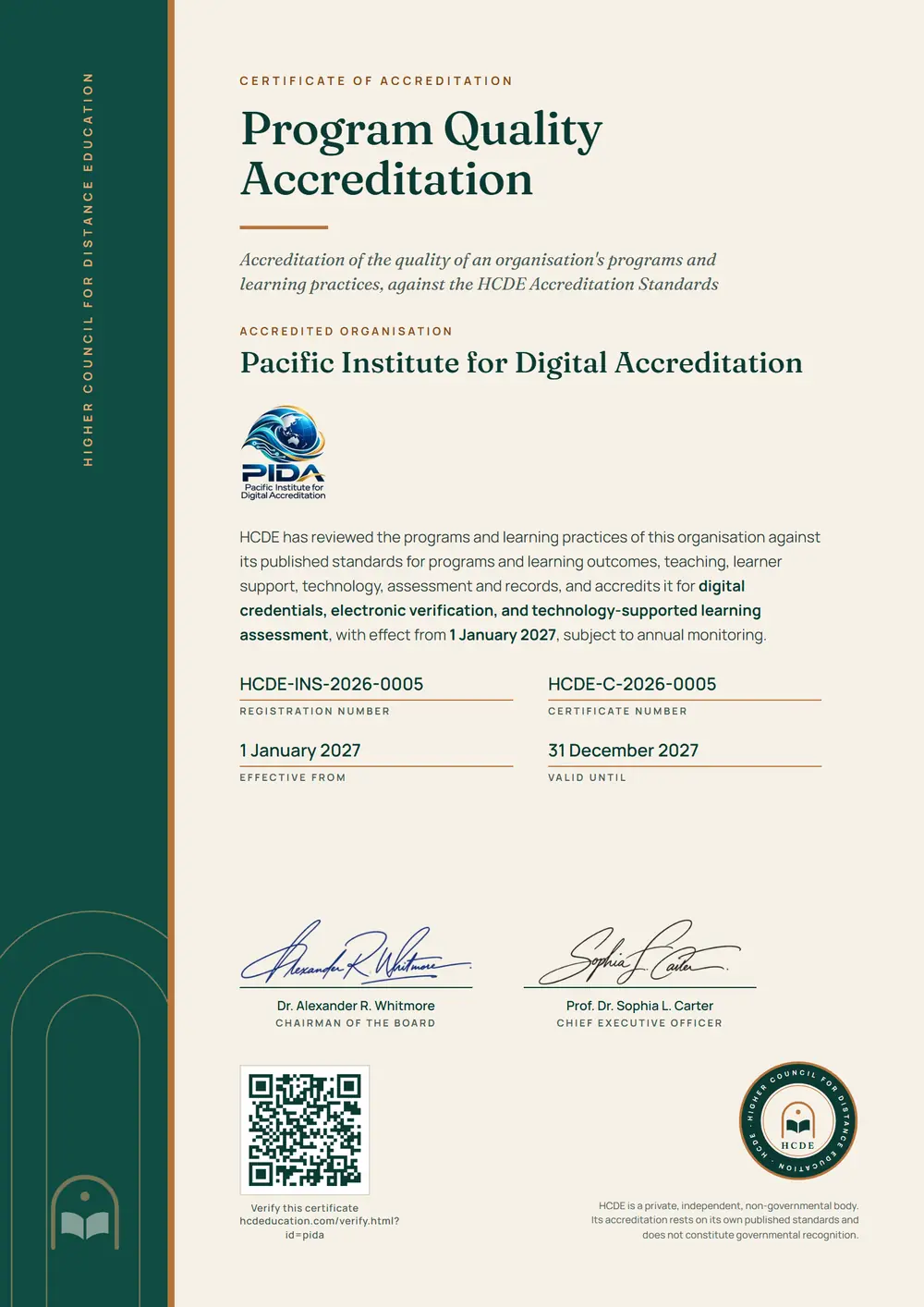 The HCDE certificate issued to Pacific Institute for Digital Accreditation, with its registration number, certificate number, dates and QR code