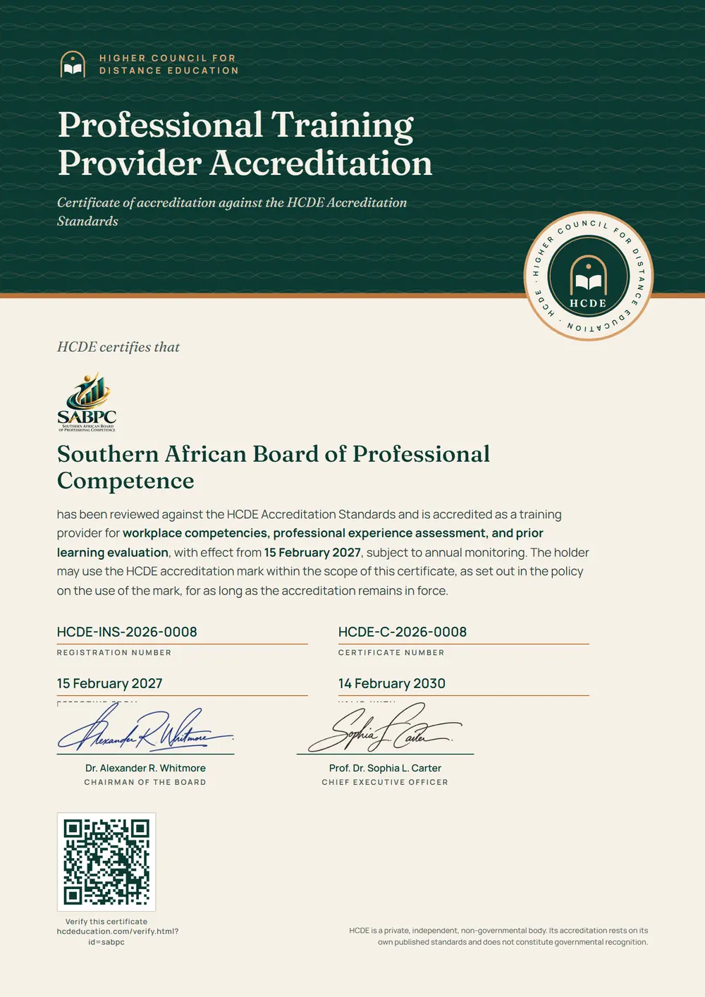 The HCDE certificate issued to Southern African Board of Professional Competence, with its registration number, certificate number, dates and QR code