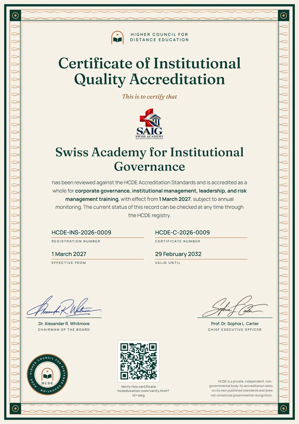 The HCDE certificate issued to Swiss Academy for Institutional Governance, with its registration number, certificate number, dates and QR code